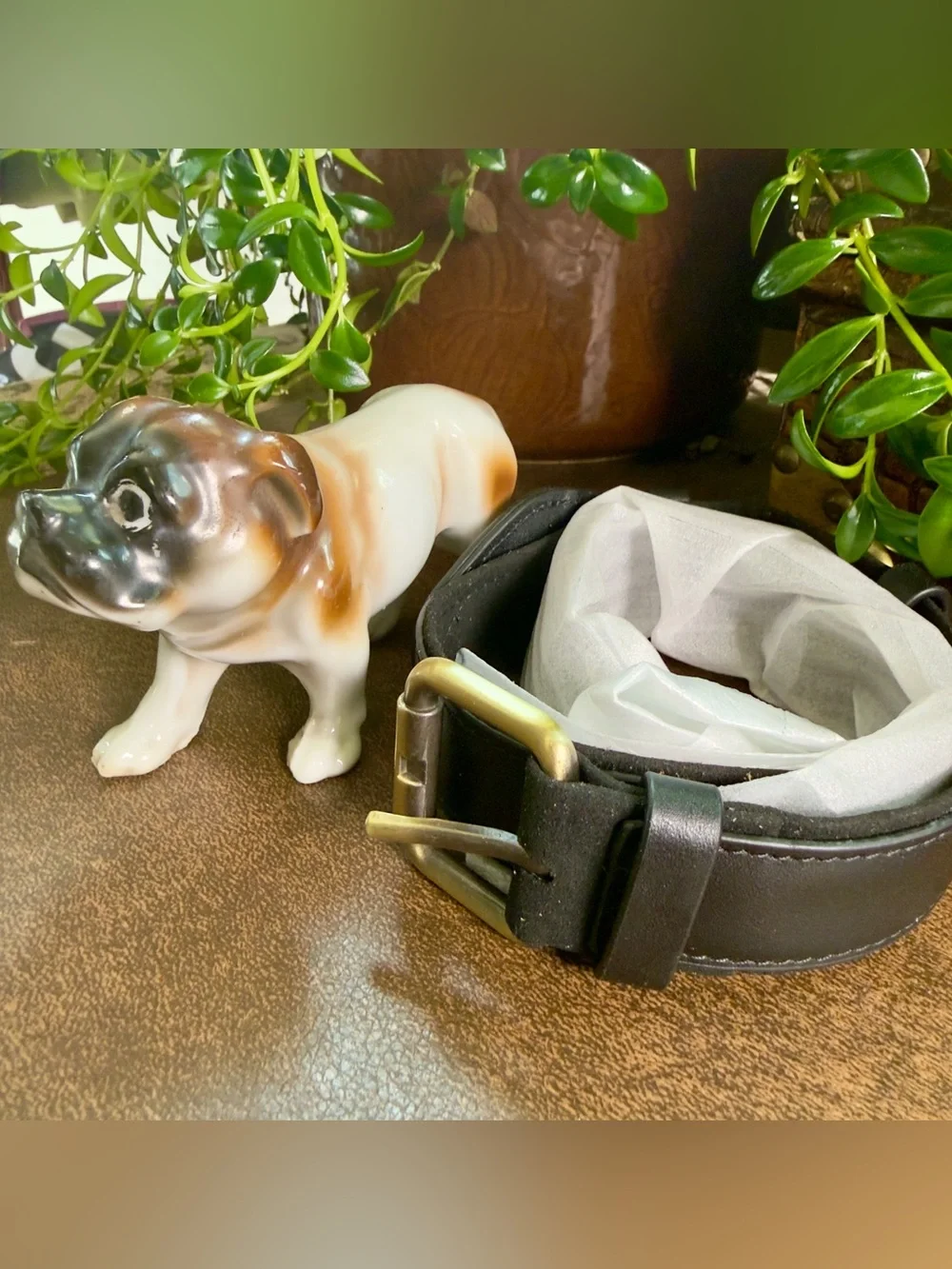 Classic Black Leather Dog Collar with ceramic statue - Durable Everyday wear